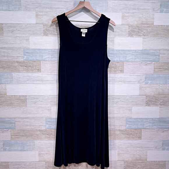 CHICOS TRAVELERS Stretchy Midi Tank Dress Black Vintage Acetate Womens Large 2 - Picture 1 of 5